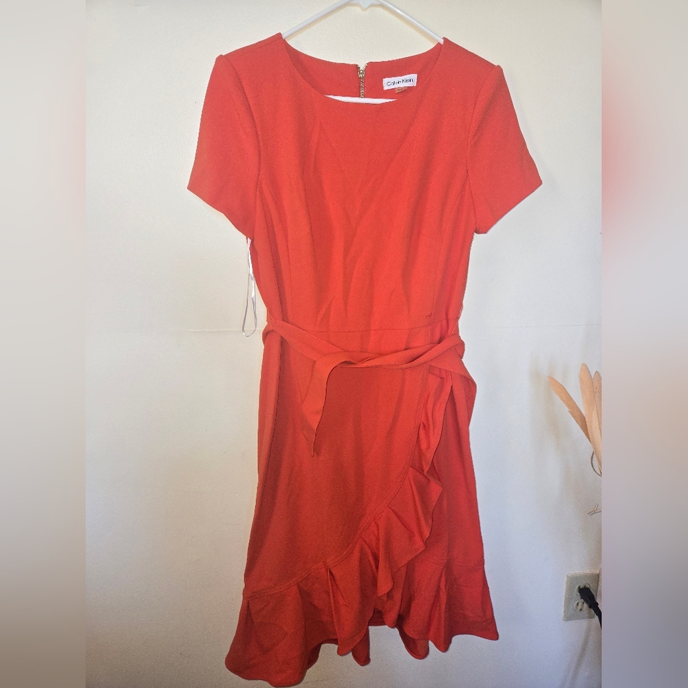 Burnt Orange Dress with Side Ruffle